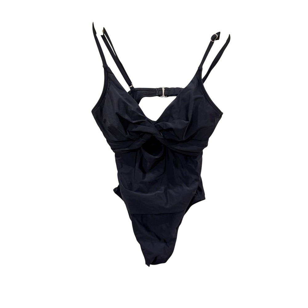 Womens Black Twist Front Keyhole One Piece Swimsuit Adjustable Straps Ruched